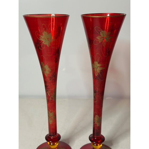 VTG Set Of 2 Cranberry Flashed Gold Floral Painted Bohemian Glass Flute Vases - Picture 3 of 9